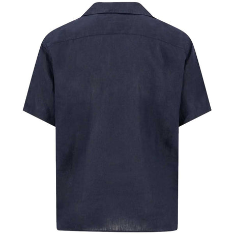 FYNCH HATTON Lapel Collared Short-Sleeve Shirt - Mens Pure Linen - Navy