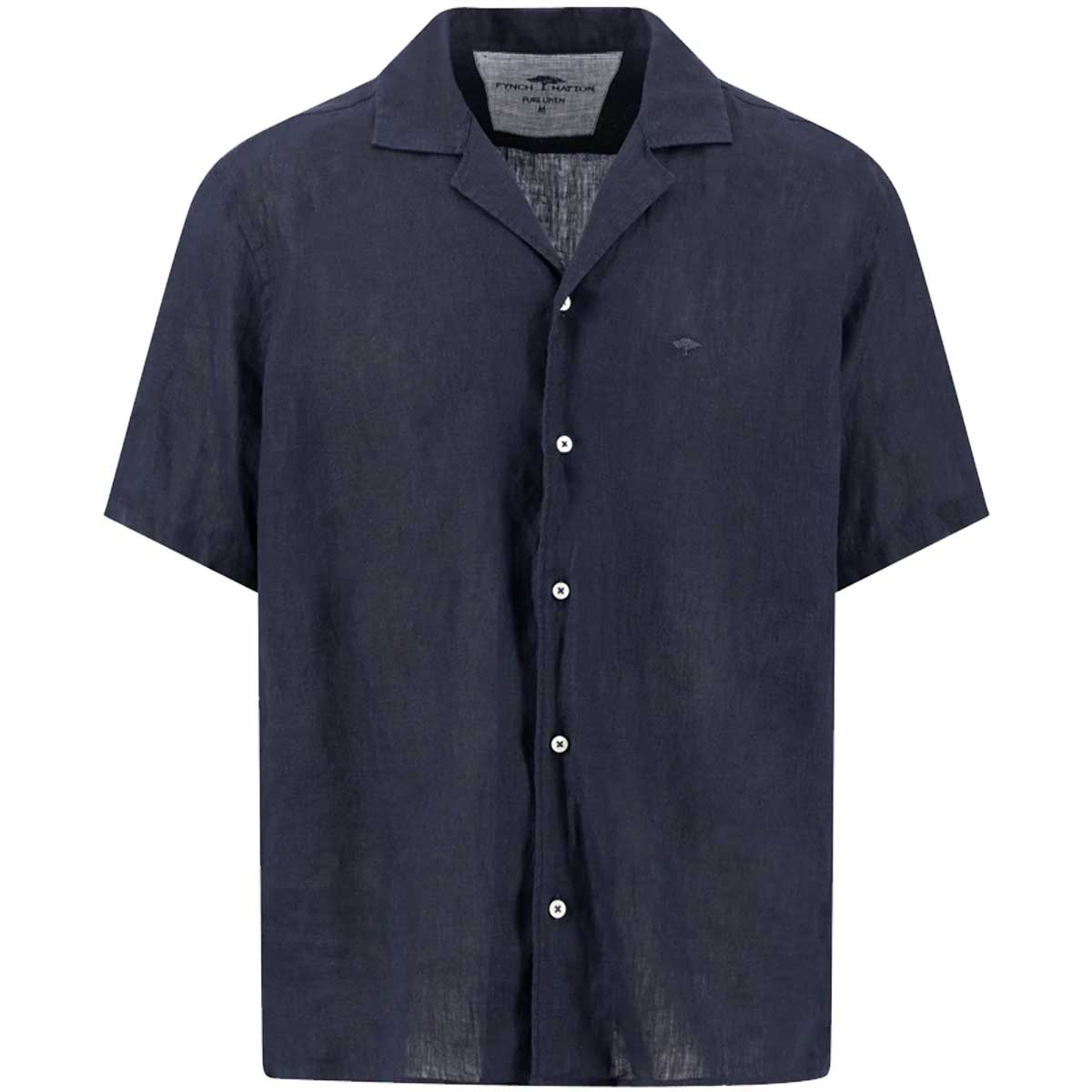 FYNCH HATTON Lapel Collared Short-Sleeve Shirt - Mens Pure Linen - Navy