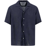 FYNCH HATTON Lapel Collared Short-Sleeve Shirt - Mens Pure Linen - Navy