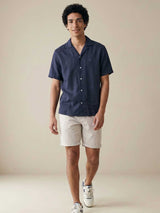 FYNCH HATTON Lapel Collared Short-Sleeve Shirt - Mens Pure Linen - Navy