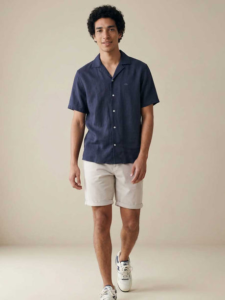 FYNCH HATTON Lapel Collared Short-Sleeve Shirt - Mens Pure Linen - Navy