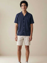 FYNCH HATTON Lapel Collared Short-Sleeve Shirt - Mens Pure Linen - Navy