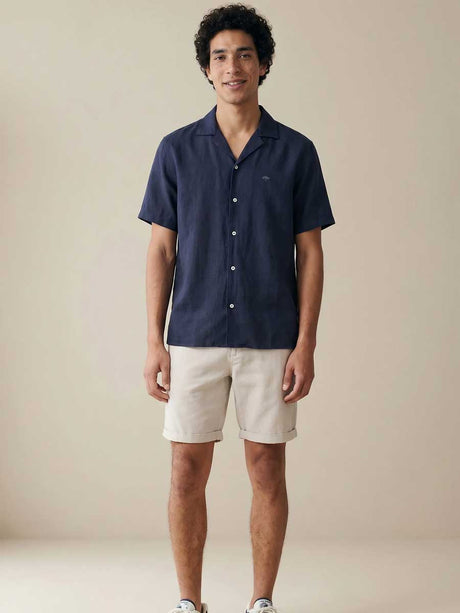 FYNCH HATTON Lapel Collared Short-Sleeve Shirt - Mens Pure Linen - Navy