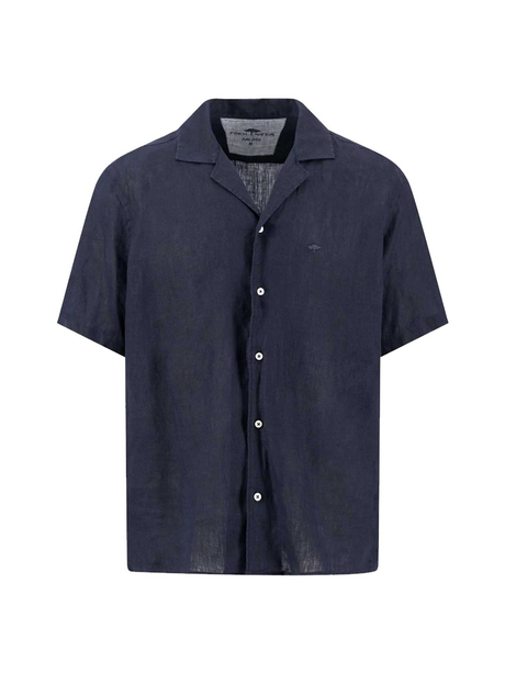 FYNCH HATTON Lapel Collared Short-Sleeve Shirt - Mens Pure Linen - Navy