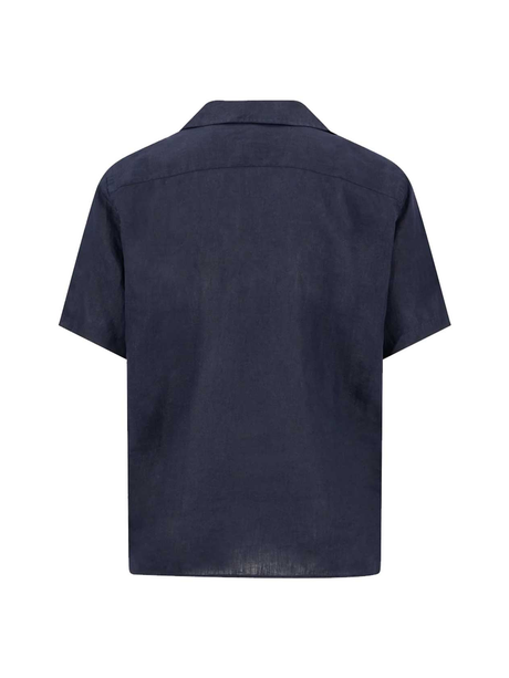 FYNCH HATTON Lapel Collared Short-Sleeve Shirt - Mens Pure Linen - Navy