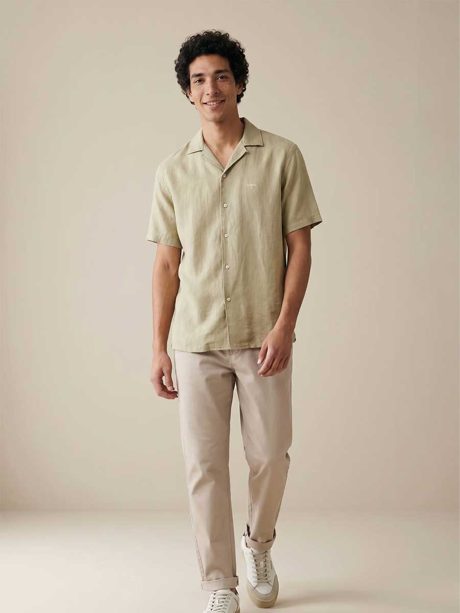 FYNCH HATTON Lapel Collared Short-Sleeve Shirt - Mens Pure Linen - Pistachio