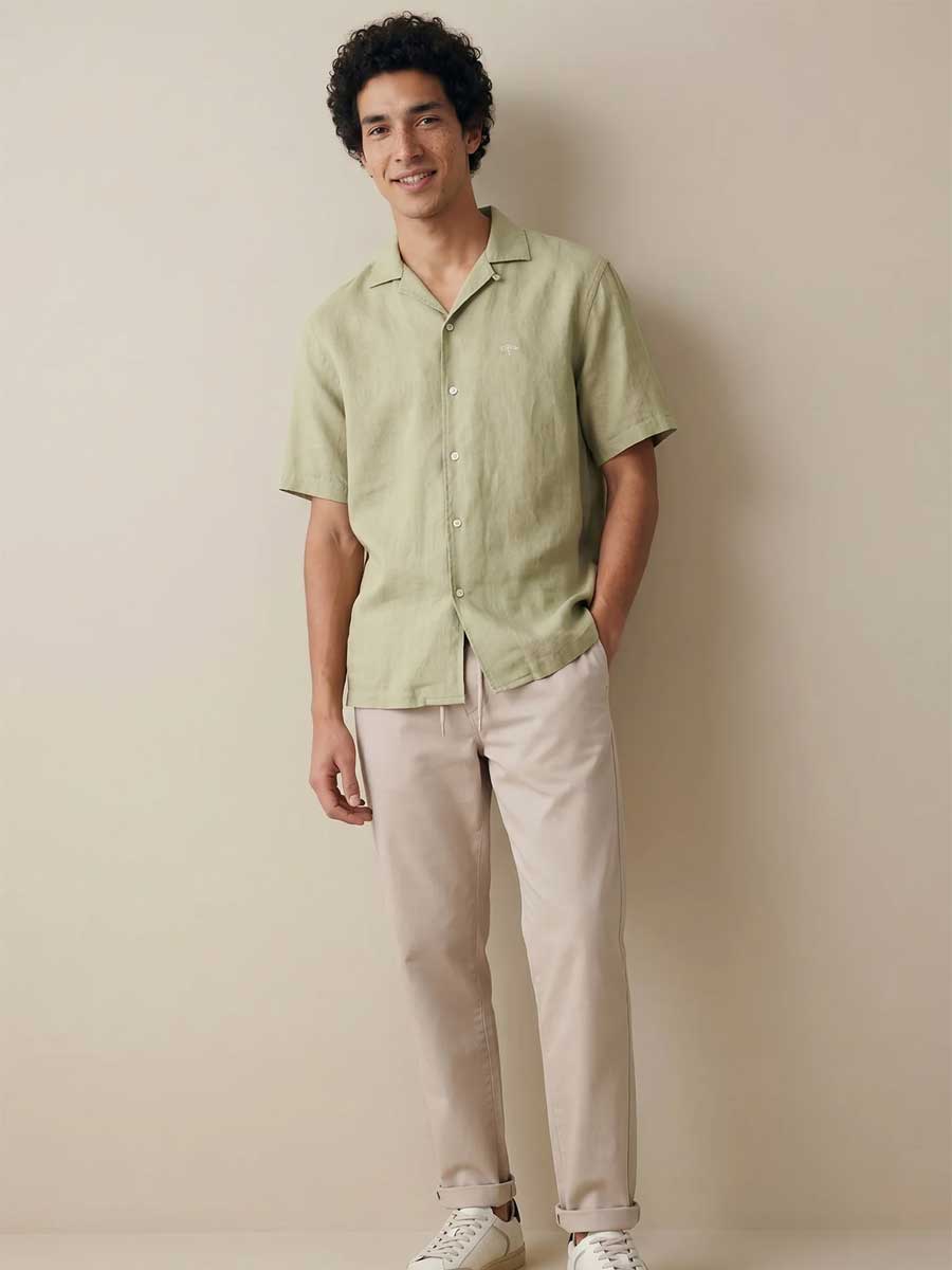 FYNCH HATTON Lapel Collared Short-Sleeve Shirt - Mens Pure Linen - Pistachio