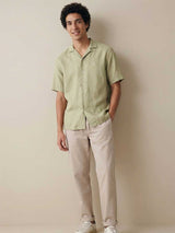 FYNCH HATTON Lapel Collared Short-Sleeve Shirt - Mens Pure Linen - Pistachio