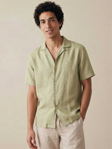 FYNCH HATTON Lapel Collared Short-Sleeve Shirt - Mens Pure Linen - Pistachio
