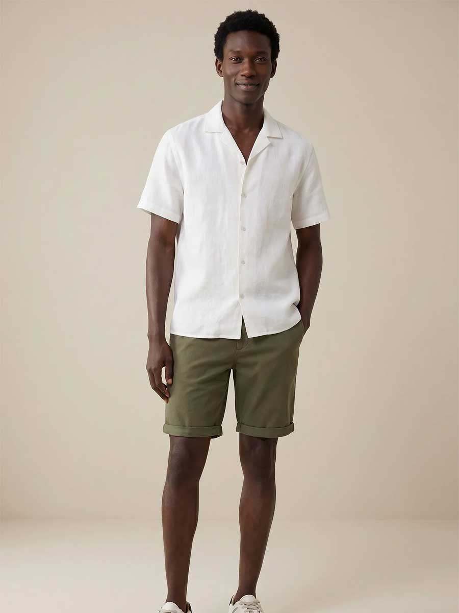 FYNCH HATTON Lapel Collared Short-Sleeve Shirt - Mens Pure Linen - White