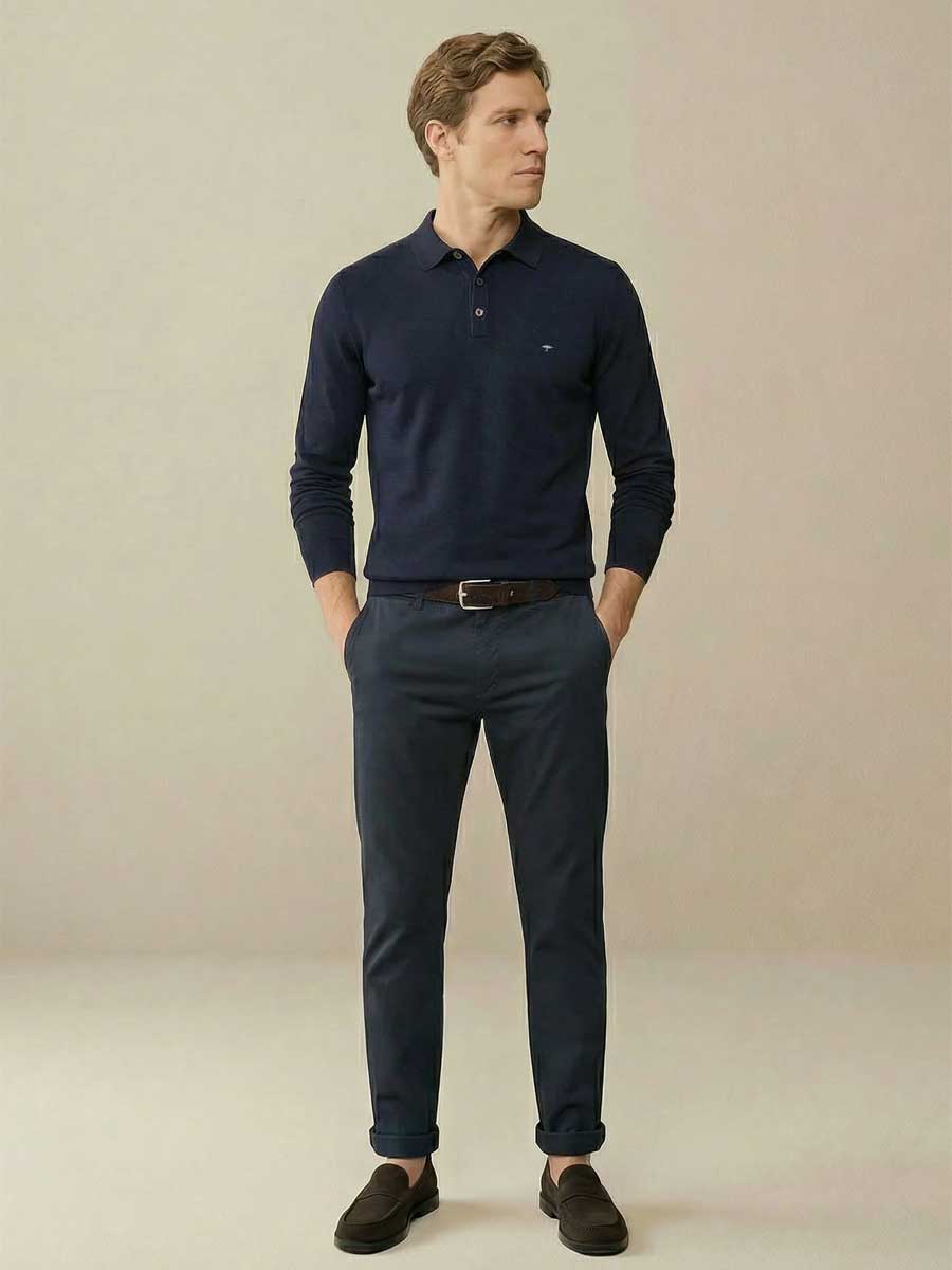 FYNCH HATTON Long Sleeve Polo Shirt - Men's Superfine Cotton – Navy