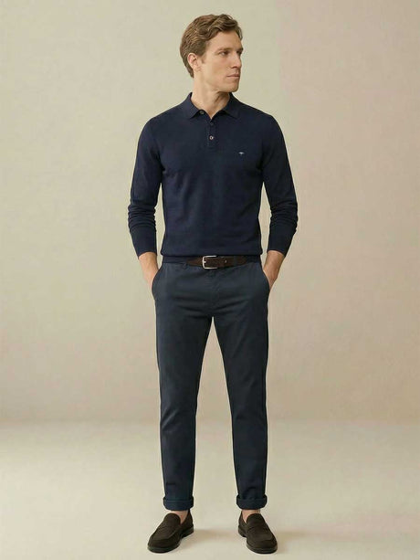 FYNCH HATTON Long Sleeve Polo Shirt - Men's Superfine Cotton – Navy
