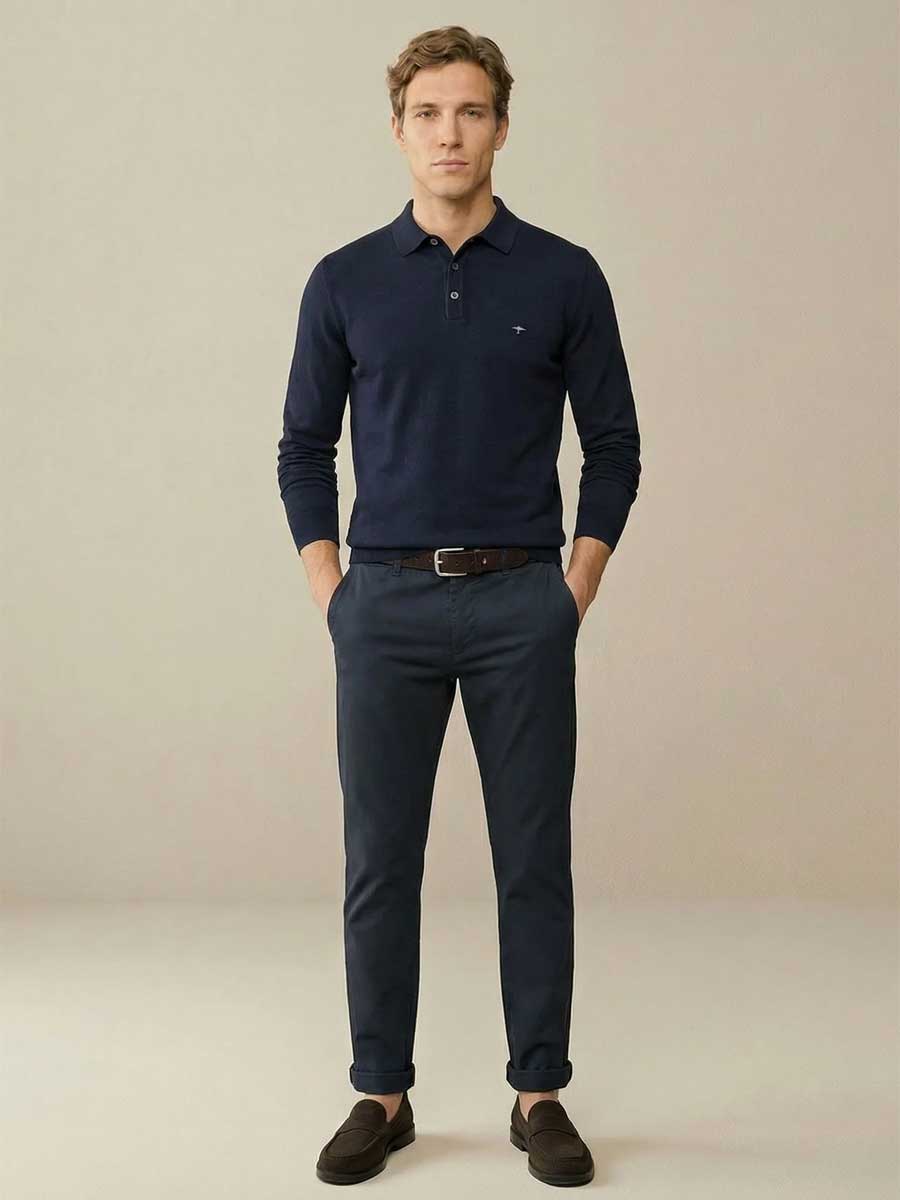 FYNCH HATTON Long Sleeve Polo Shirt - Men's Superfine Cotton – Navy
