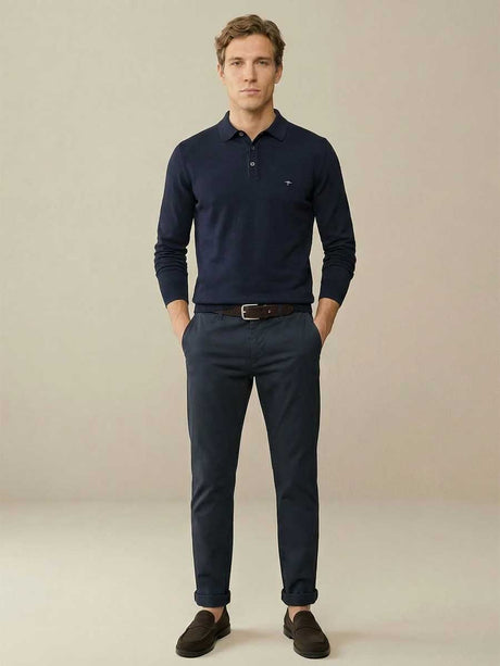FYNCH HATTON Long Sleeve Polo Shirt - Men's Superfine Cotton – Navy