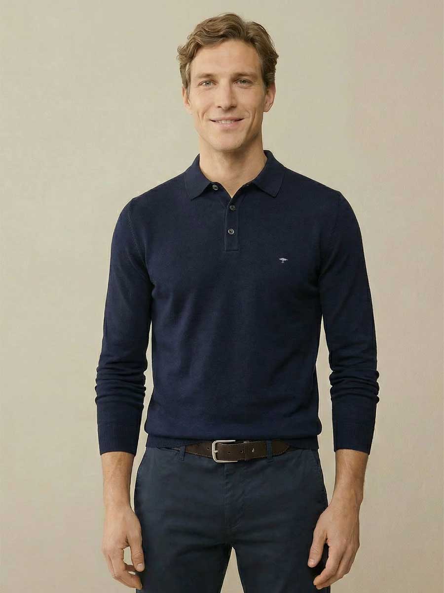 FYNCH HATTON Long Sleeve Polo Shirt - Men's Superfine Cotton – Navy