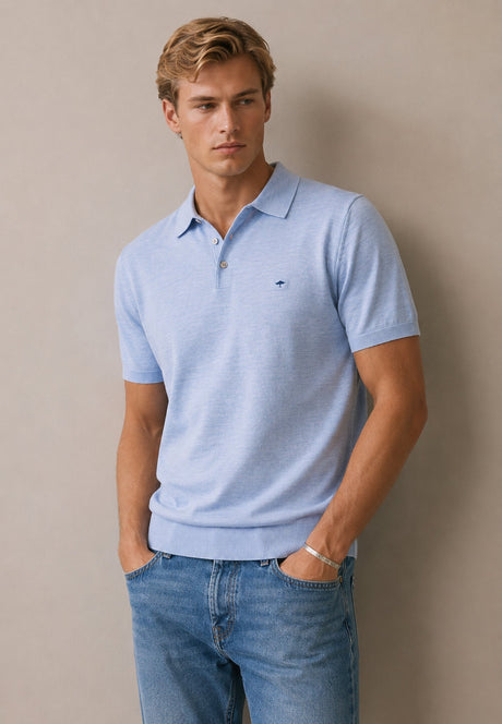 FYNCH HATTON Fine Gauge Knitted Polo Shirt - Men's Merino Wool – Air Blue - view 2