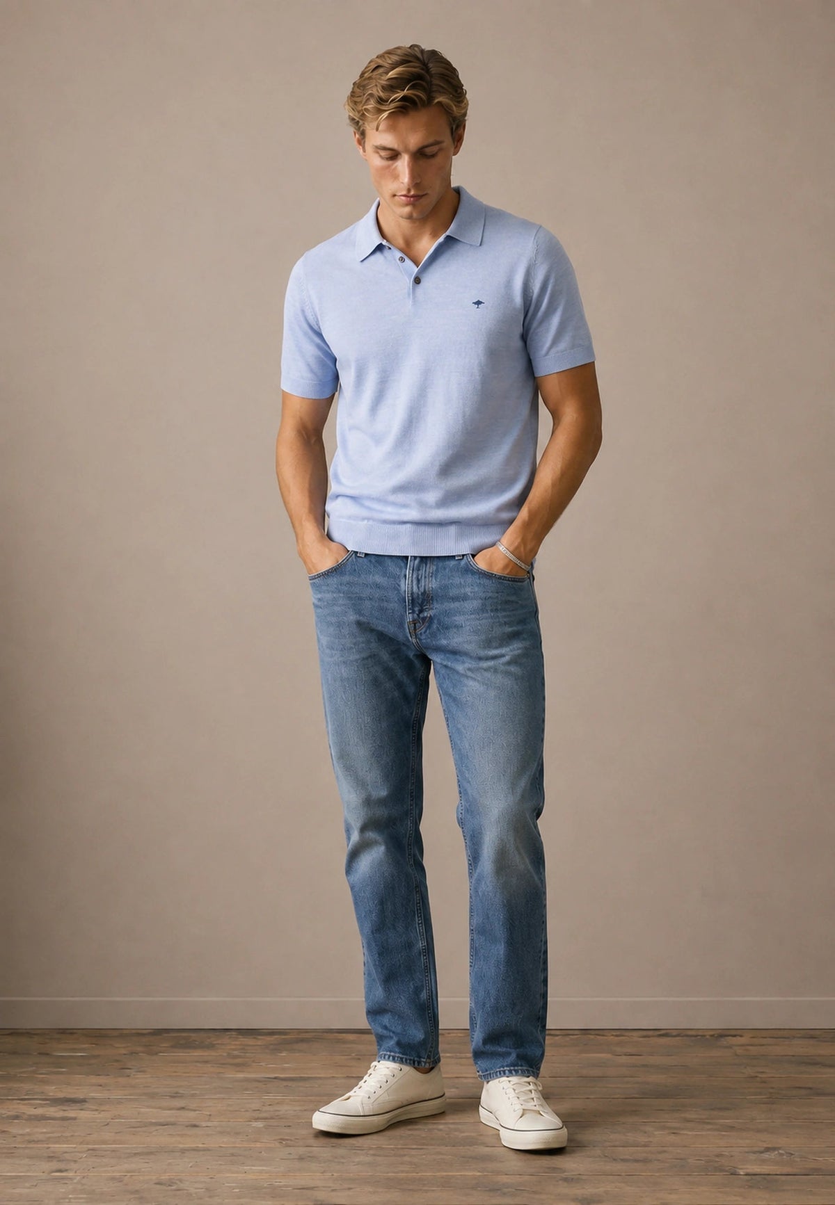 FYNCH HATTON Fine Gauge Knitted Polo Shirt - Men's Merino Wool – Air Blue - view 4