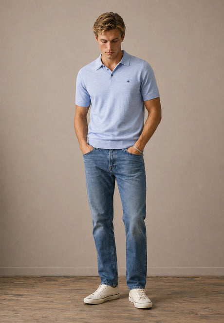 FYNCH HATTON Fine Gauge Knitted Polo Shirt - Men's Merino Wool – Air Blue - view 4
