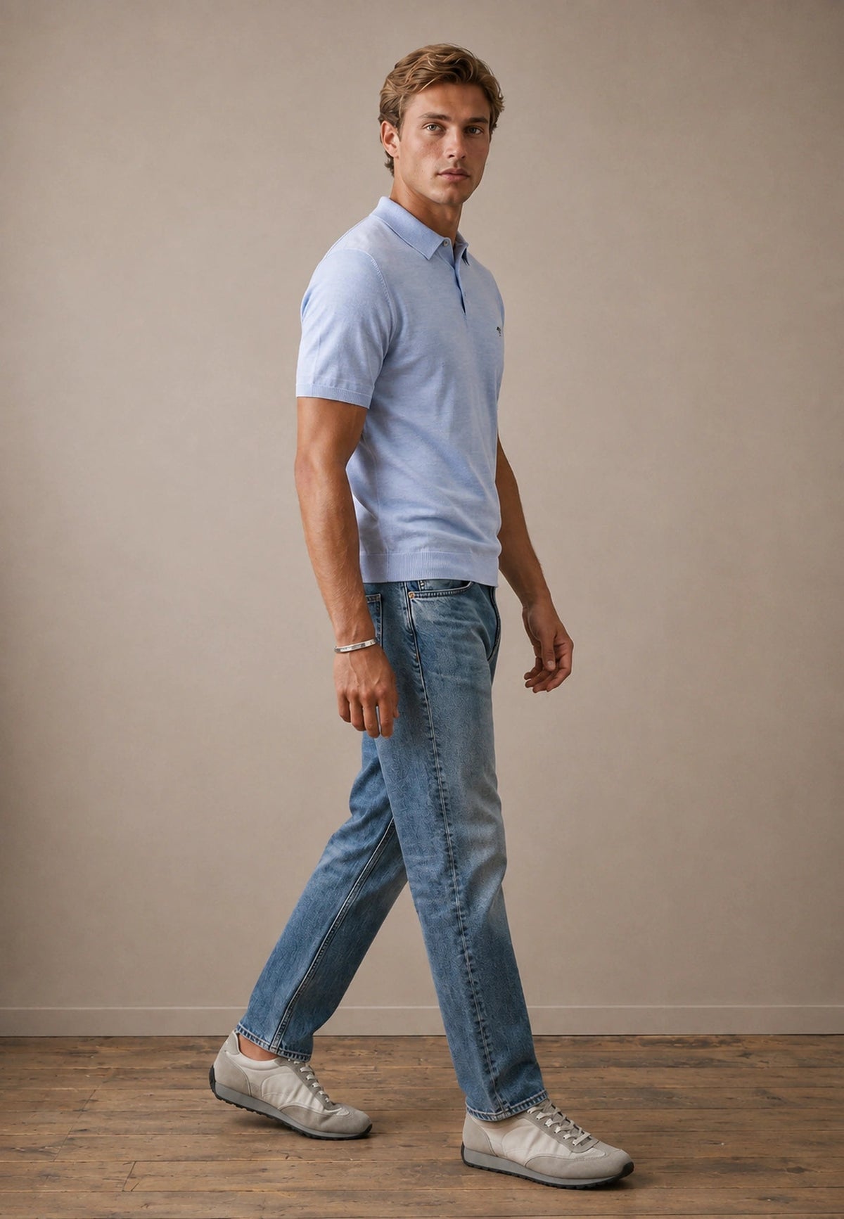 FYNCH HATTON Fine Gauge Knitted Polo Shirt - Men's Merino Wool – Air Blue - view 3