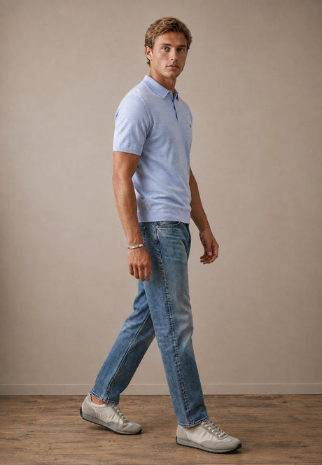 FYNCH HATTON Fine Gauge Knitted Polo Shirt - Men's Merino Wool – Air Blue - view 3