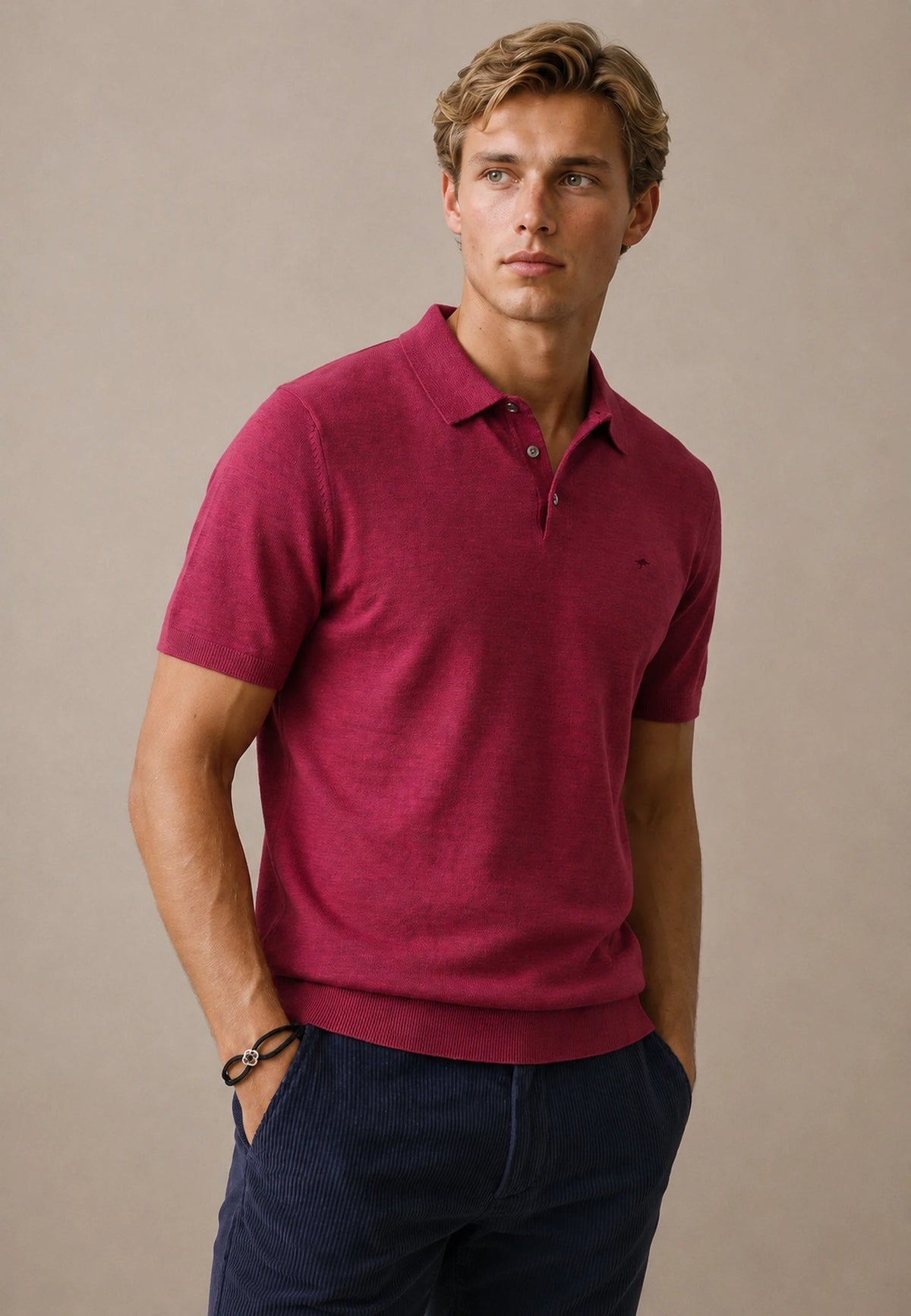 FYNCH HATTON Fine Gauge Knitted Polo Shirt - Men's Merino Wool – Grape - view 2