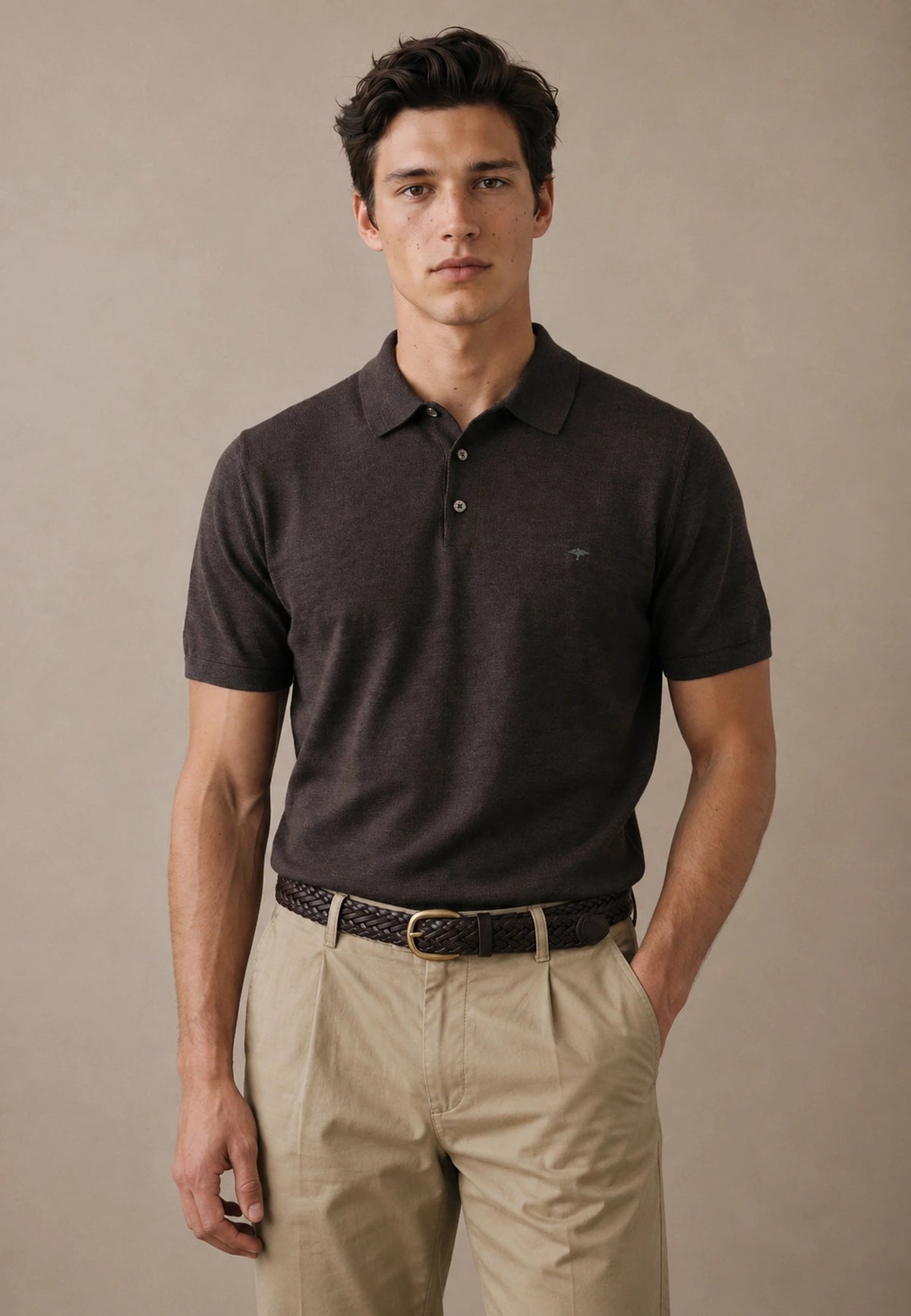 FYNCH HATTON Fine Gauge Knitted Polo Shirt - Men's Merino Wool – Soil - view 2
