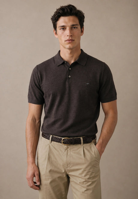 FYNCH HATTON Fine Gauge Knitted Polo Shirt - Men's Merino Wool – Soil - view 2