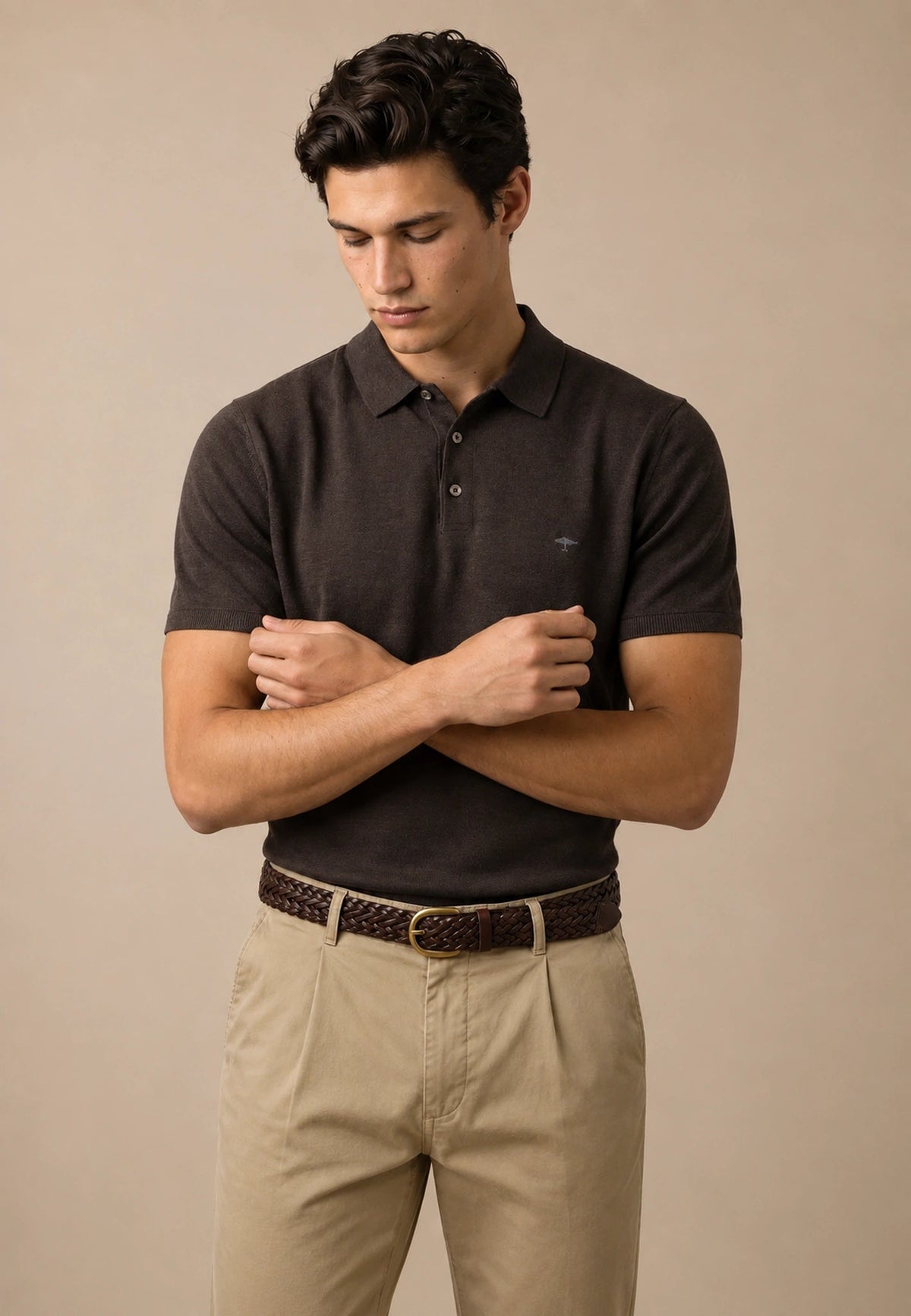 FYNCH HATTON Fine Gauge Knitted Polo Shirt - Men's Merino Wool – Soil - view 5