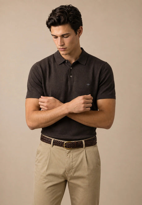 FYNCH HATTON Fine Gauge Knitted Polo Shirt - Men's Merino Wool – Soil - view 5