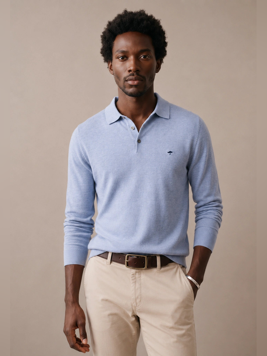 FYNCH HATTON Polo Collar Sweater - Men's Fine Knit Air Cotton – Air Blue - view 2
