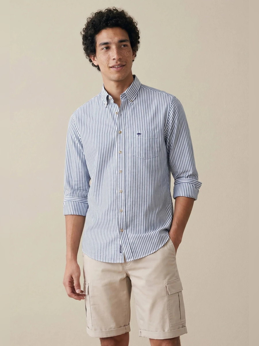 FYNCH HATTON Poplin Stripe Shirt - Men's Cotton Button-Down – Navy - view 2