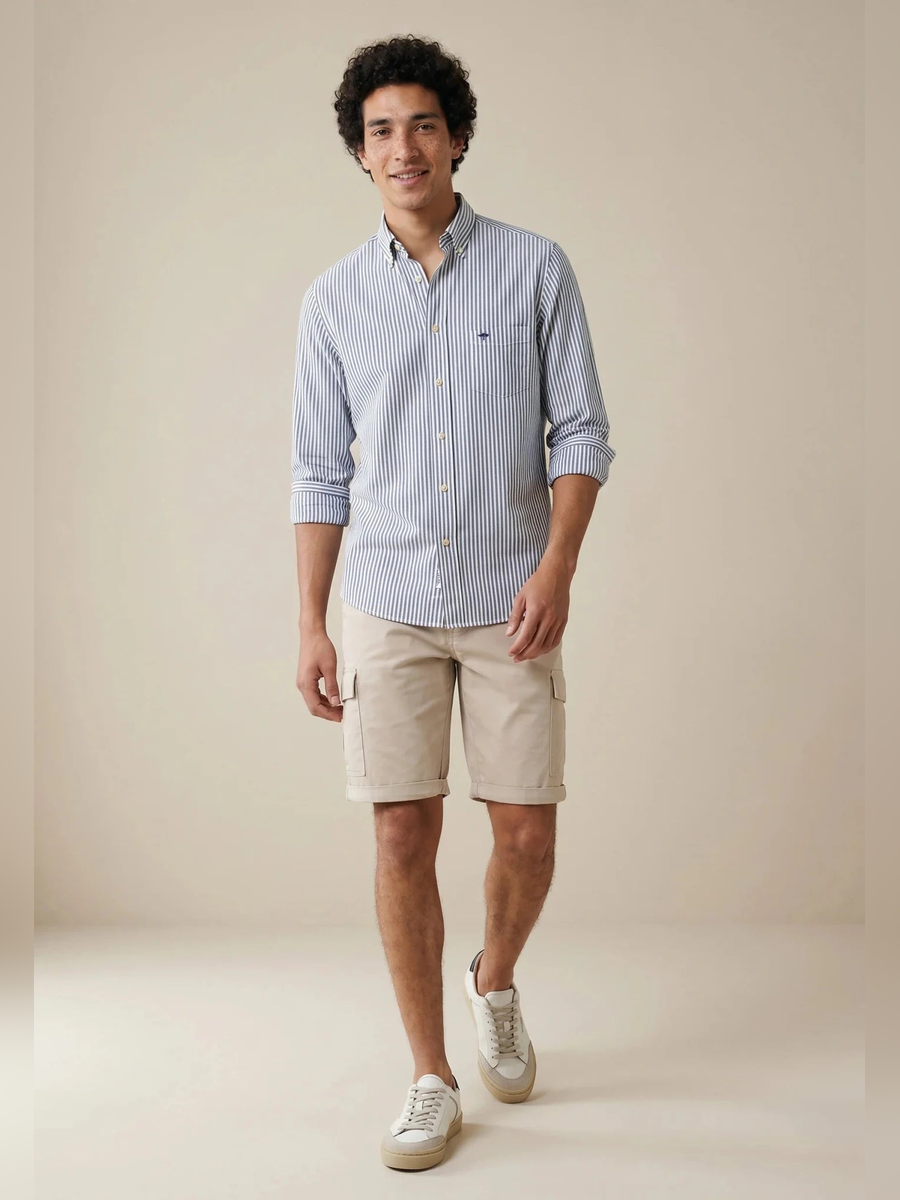 FYNCH HATTON Poplin Stripe Shirt - Men's Cotton Button-Down – Navy - view 3