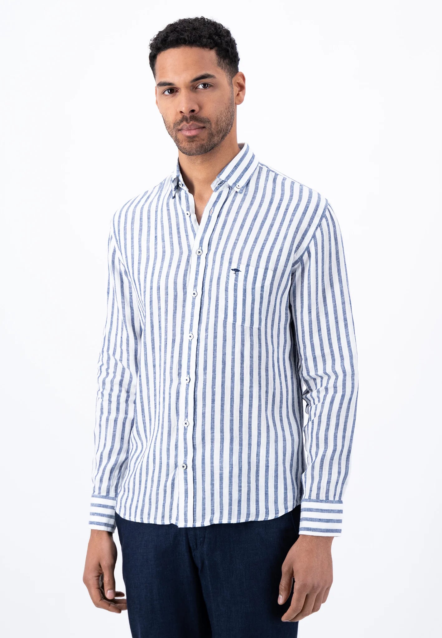 FYNCH HATTON Pure Linen Shirt - Men's – Navy Stripes