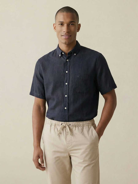 FYNCH HATTON Pure Linen Short-Sleeve Shirt - Men's – Navy