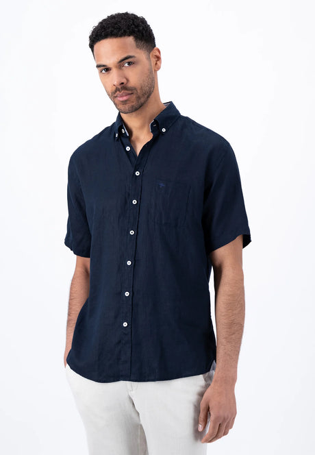 FYNCH HATTON Pure Linen Short-Sleeve Shirt - Men's – Navy Fynch Hatton