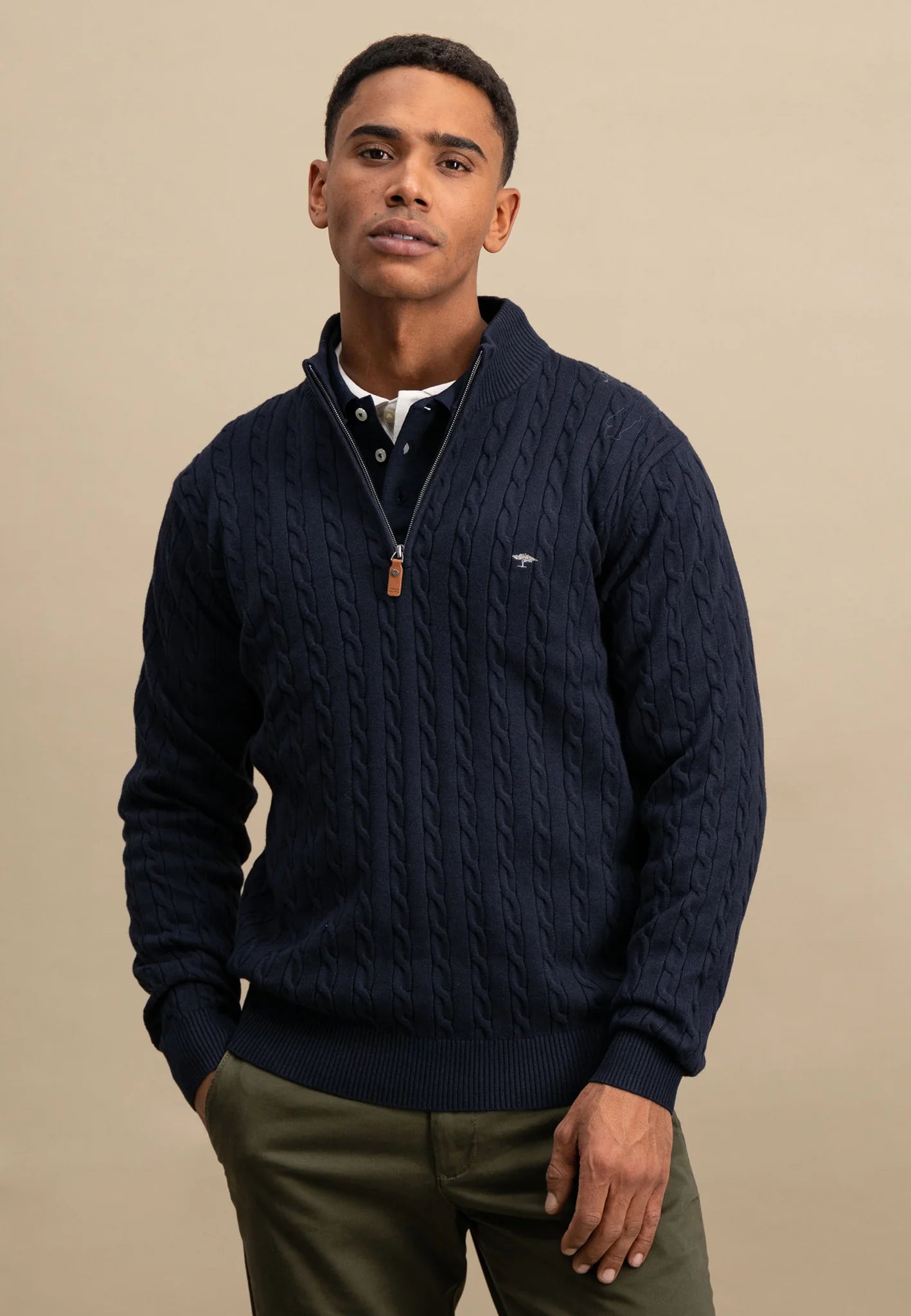 FYNCH HATTON Troyer 1/4 Zip Soft Cable Knit - Men's – Navy