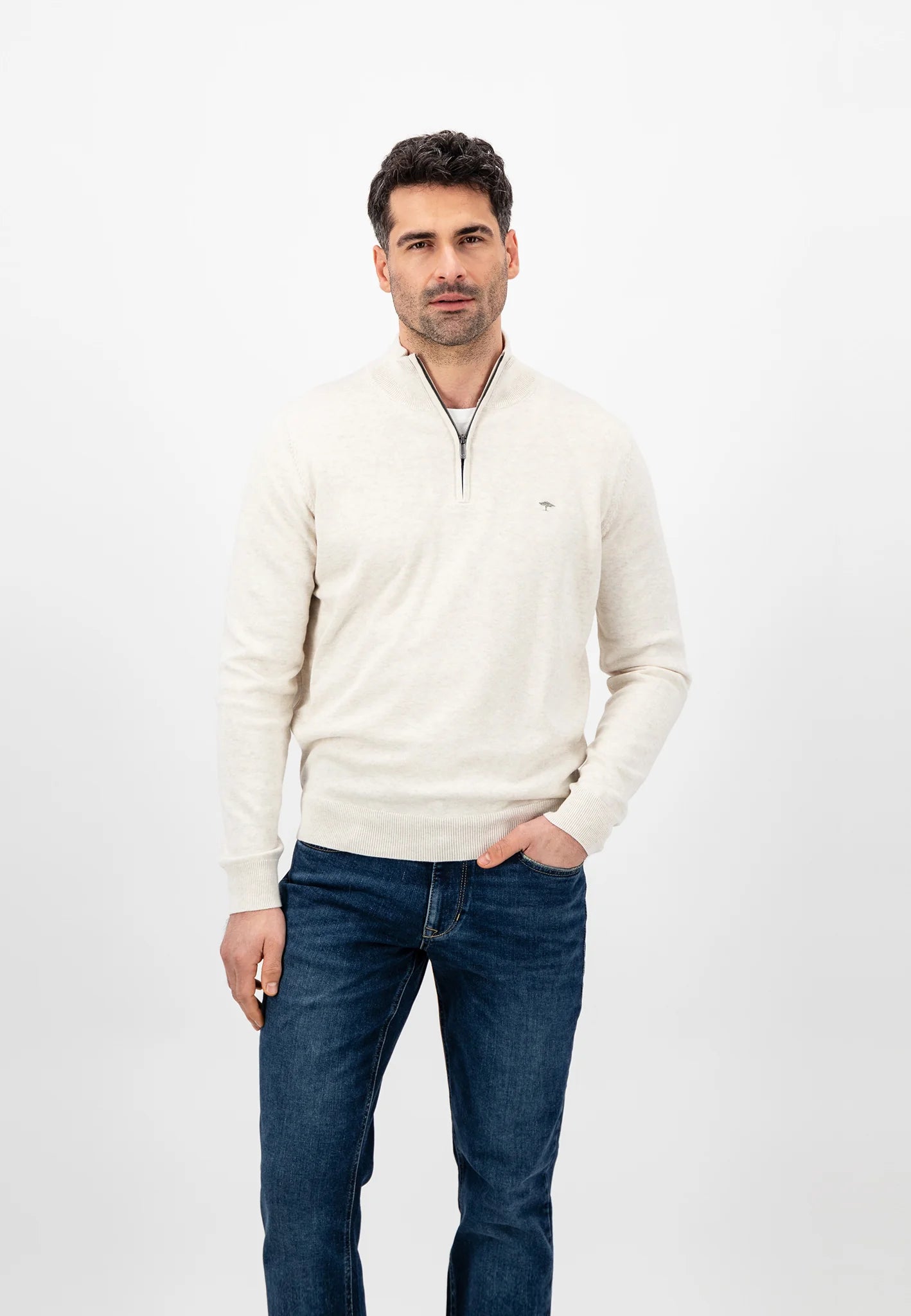 FYNCH HATTON Troyer 1/4 Zip Sweatshirt - Men's Soft Cotton – White