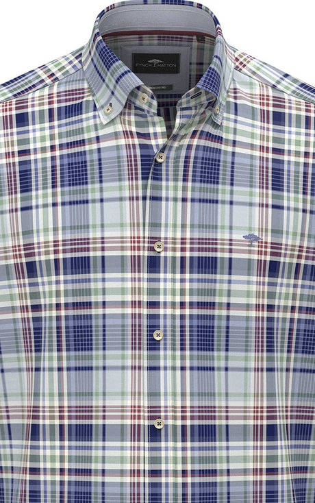 FYNCH HATTON Washed Oxford Check Shirt – Men's Button-Down – Blue/Berry