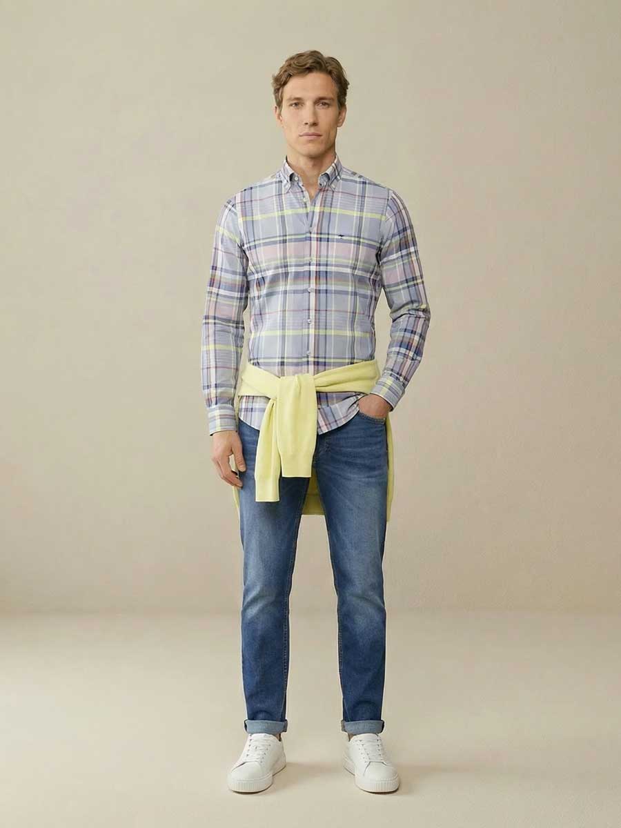 FYNCH HATTON Washed Oxford Check Shirt - Men's Button-Down - New Breeze