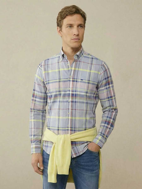 FYNCH HATTON Washed Oxford Check Shirt - Men's Button-Down - New Breeze