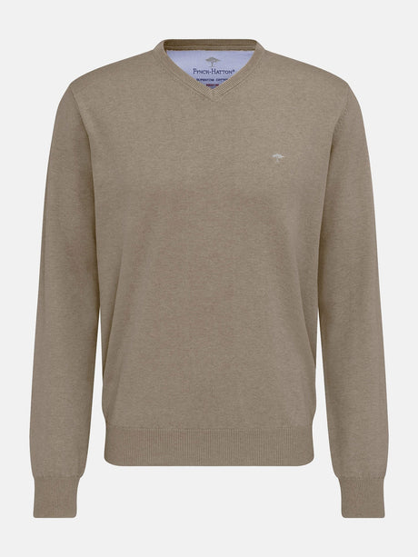 FYNCH HATTON V-Neck Sweater - Men's Fine Knit Cotton – Taupe - front view