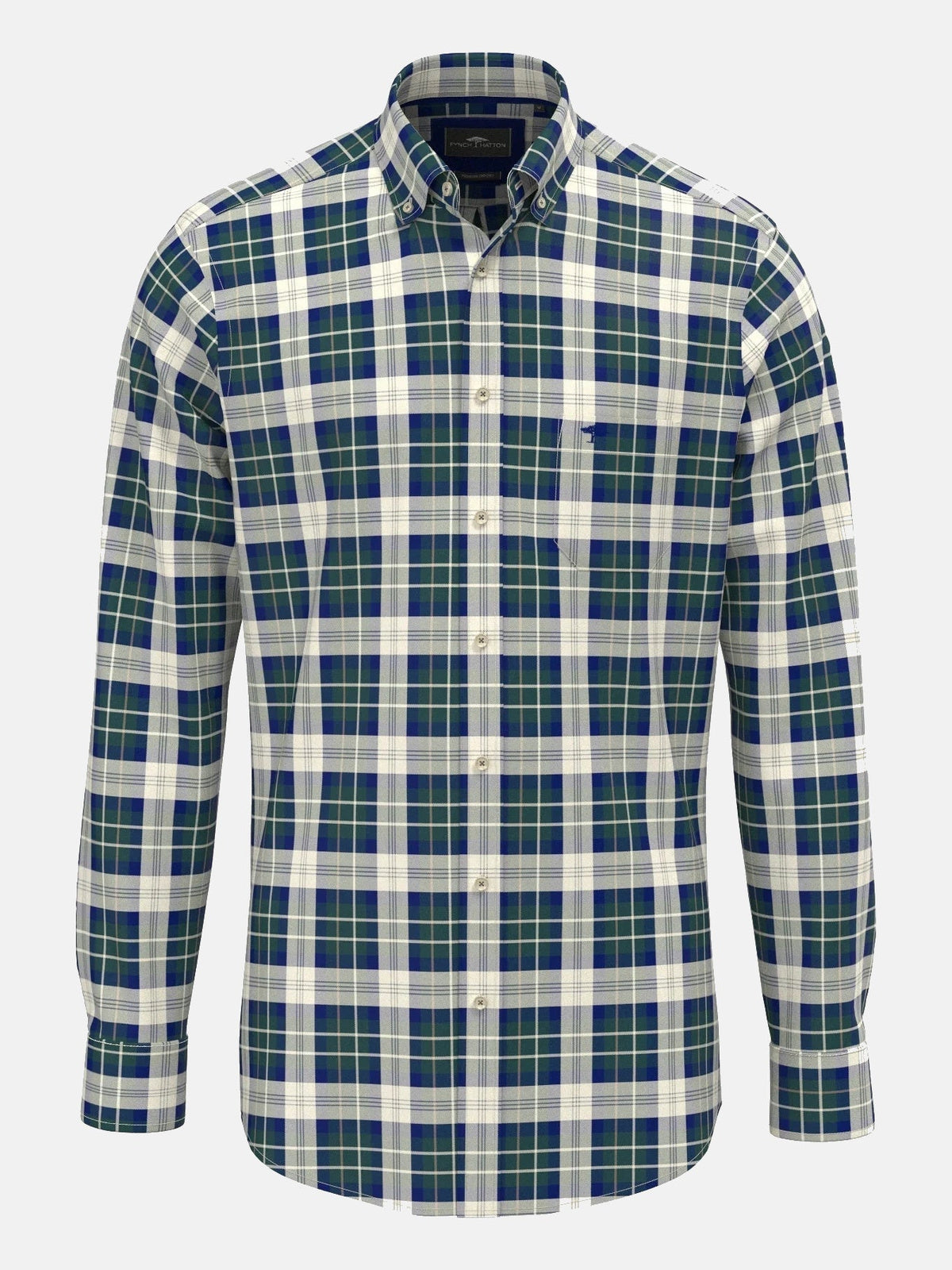 FYNCH HATTON Washed Oxford Check Shirt - Men's Cotton Button-Down – Teal - front view