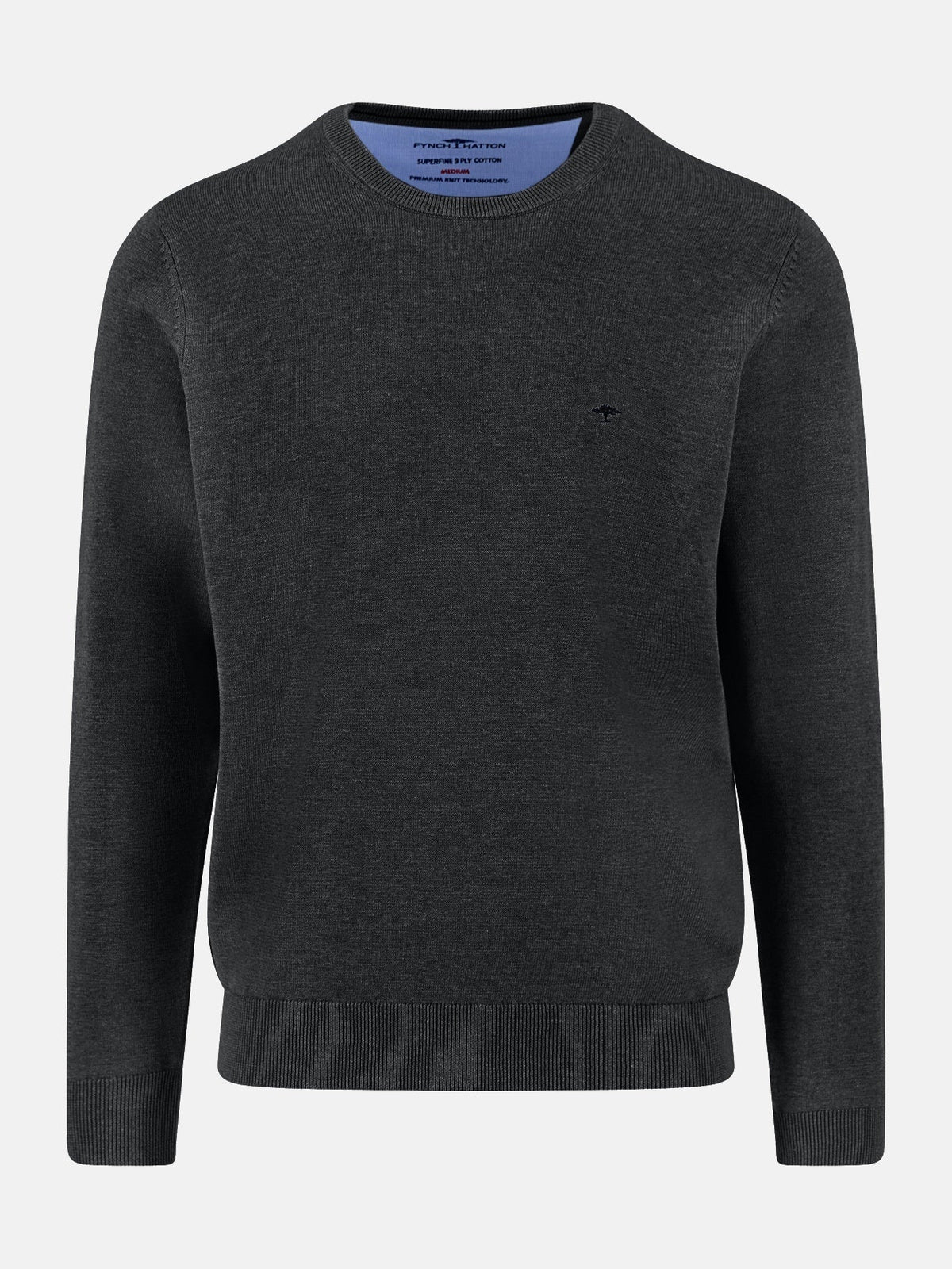 FYNCH HATTON Crew Neck Sweater - Men's Fine Knit Cotton – Black - front view