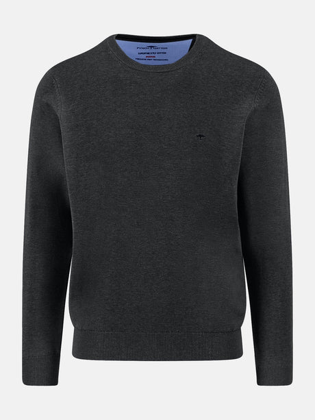 FYNCH HATTON Crew Neck Sweater - Men's Fine Knit Cotton – Black - front view