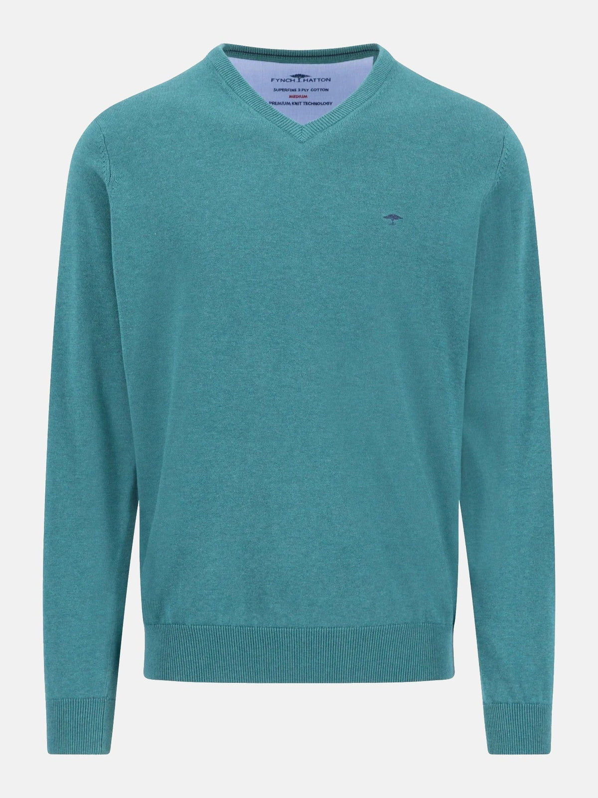 FYNCH HATTON V-Neck Sweater - Men's Fine Knit Cotton – Teal - front view