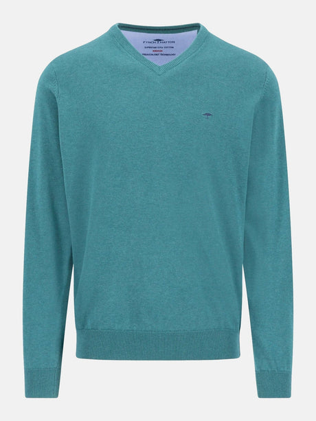 FYNCH HATTON V-Neck Sweater - Men's Fine Knit Cotton – Teal - front view