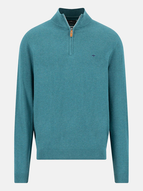 FYNCH HATTON 1/4 Zip Sweater - Men's Fine Knit Air Cotton – Teal - front view