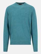 FYNCH HATTON Crew Neck Sweater - Men's Fine Knit Cotton – Teal - front view