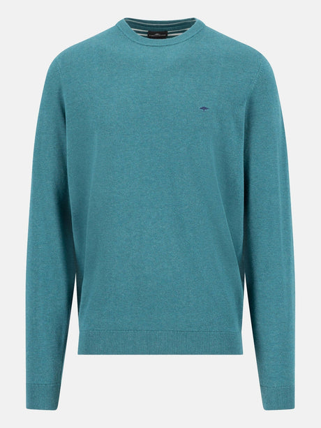 FYNCH HATTON Crew Neck Sweater - Men's Fine Knit Cotton – Teal - front view
