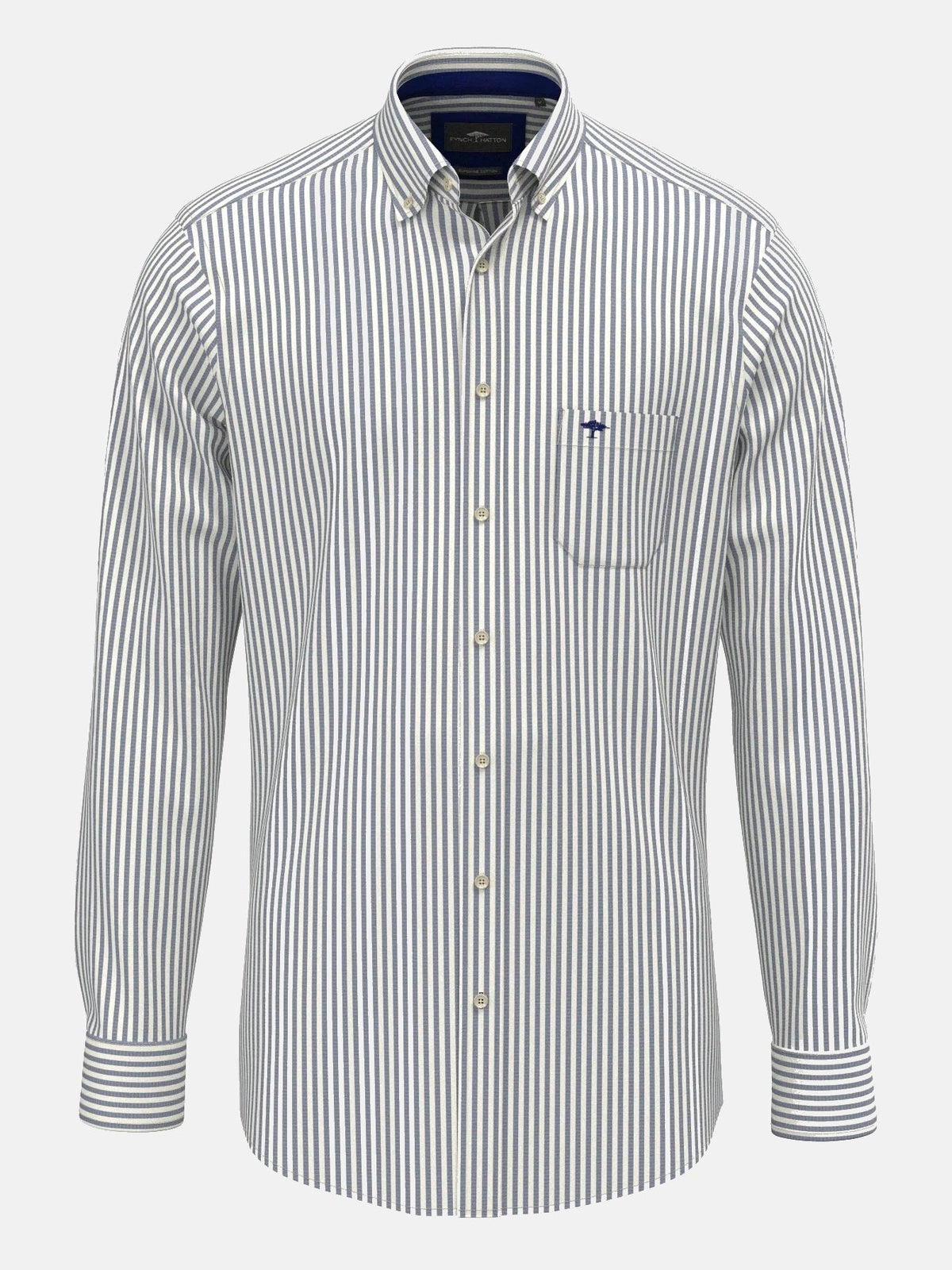 FYNCH HATTON Poplin Stripe Shirt - Men's Cotton Button-Down – Navy - front view